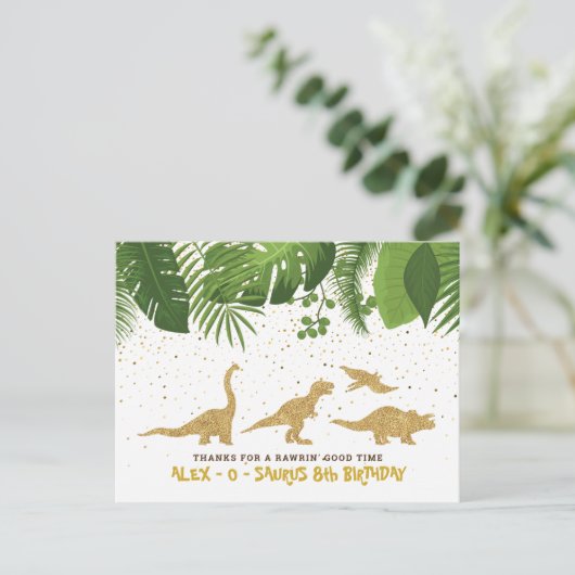 Gouden Glitter Dinosaur Tropische Dankkaart Feestdagenkaart (Staand voorkant)