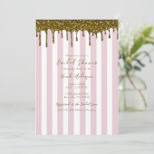 Gouden glitter dip roze candy strepen bruidsdouche kaart (Staand voorkant)