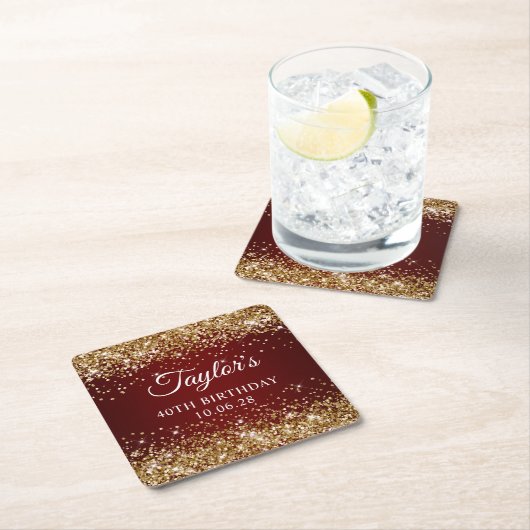 Gouden Glitter Donkerrood 40ste verjaardag Kartonnen Onderzetters (Insitu)