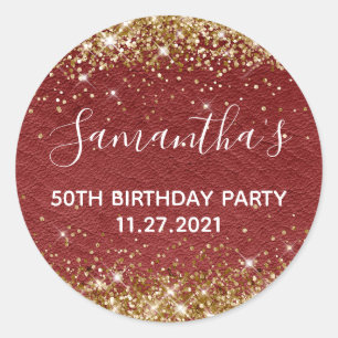 Gouden Glitter Donkerrood Leer 50e Verjaardagsfees Ronde Sticker