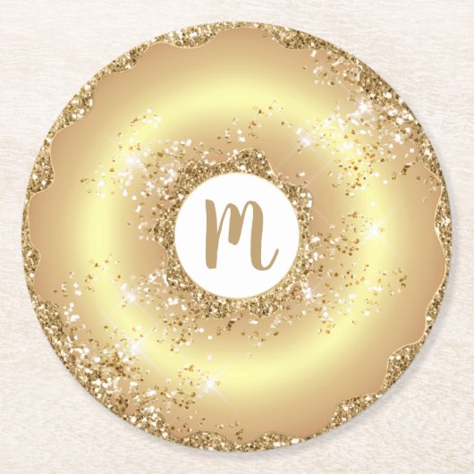 Gouden glitter donut monogram script vet luxe ronde kartonnen onderzetter (Voorkant)