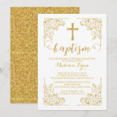 Gouden Glitter Doopsel Kruis Uitnodiging (Voorkant / Achterkant)