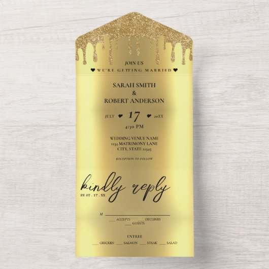 Gouden Glitter Drip Bruiloft All In One Uitnodiging (Binnen)