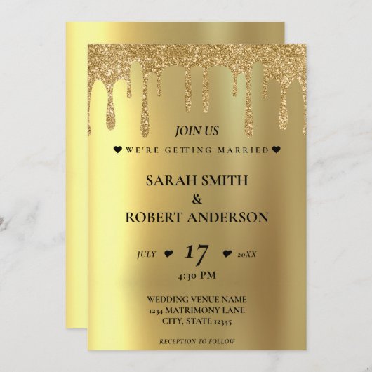 Gouden Glitter Drip Bruiloft Kaart (Voorkant / Achterkant)