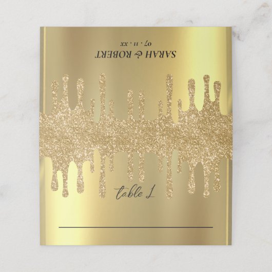 Gouden Glitter Drip Bruiloft Receptie Plaatskaartje (Buitenkant ongevouwen)