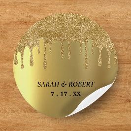 Gouden Glitter Drip Bruiloft Ronde Sticker