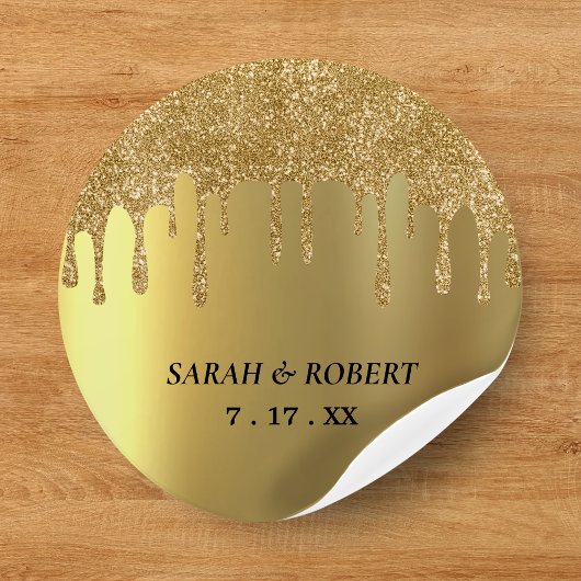 Gouden Glitter Drip Bruiloft Ronde Sticker