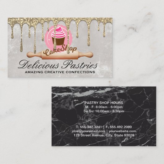 Gouden Glitter Drip | gebakje | rolpen Visitekaartje (Voorkant / Achterkant)