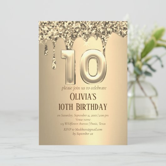 Gouden Glitter Drip Meisje Meisje 10e Verjaardag Kaart (Staand voorkant)