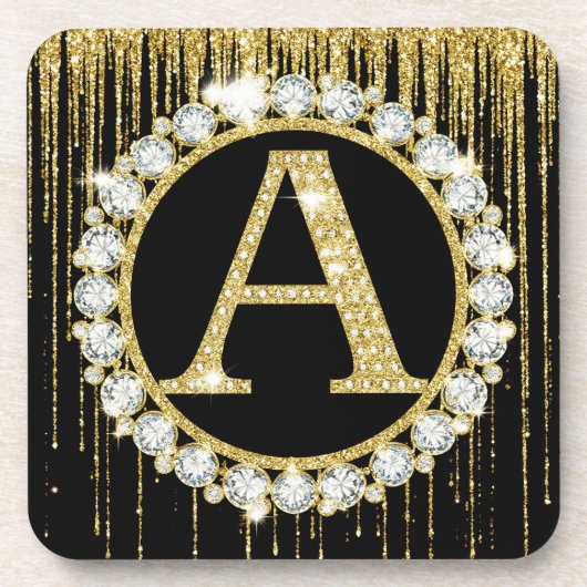 Gouden Glitter Drip Monogram Eén Persoonlijke Init Bier Onderzetter (Voorkant)