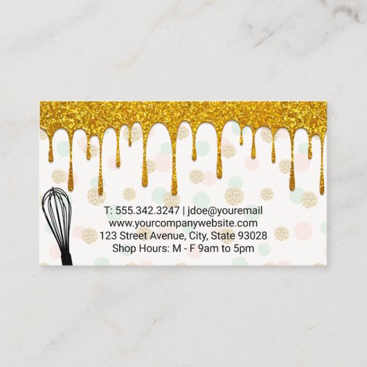 Gouden Glitter Drip | Polka Dot Patroon en Whisk Visitekaartje (Achterkant)