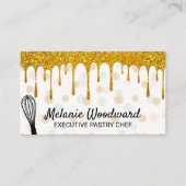 Gouden Glitter Drip | Polka Dot Patroon en Whisk Visitekaartje (Voorkant)