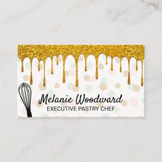 Gouden Glitter Drip | Polka Dot Patroon en Whisk Visitekaartje (Voorkant)
