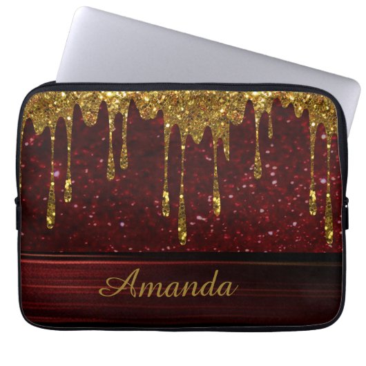 Gouden Glitter Drip Rode Glans Elektronicatas Laptop Sleeve (Voorkant)