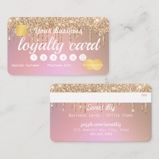 Gouden Glitter Drip Roos Roze Loyaliteit Credit Visitekaartje (Voorkant / Achterkant)