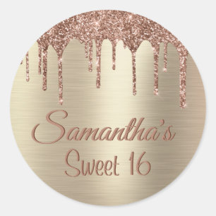 Gouden Glitter Drip Sweet 16 Verjaardag Ronde Sticker