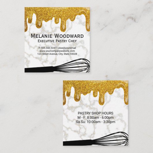 Gouden Glitter Drip | Wit marmer en whisky Vierkante Visitekaartje (Voorkant / Achterkant)