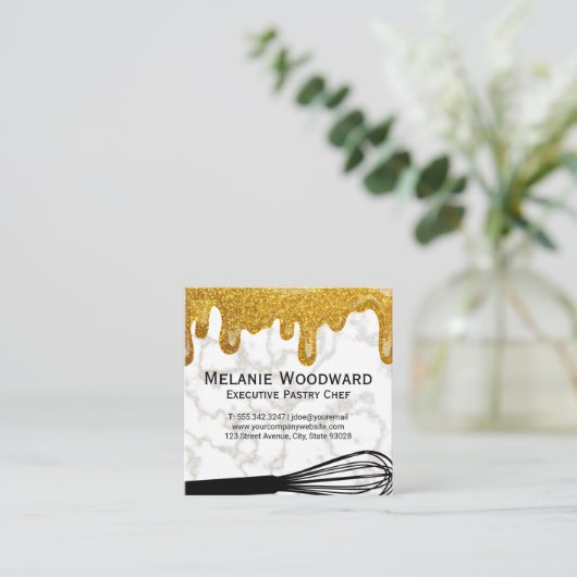 Gouden Glitter Drip | Wit marmer en whisky Vierkante Visitekaartje (Staand voorkant)