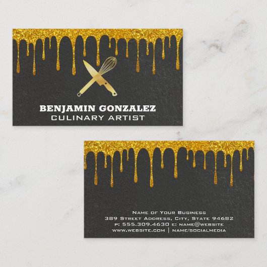 Gouden Glitter Dripping | Golden Whisk Mes Visitekaartje (Voorkant / Achterkant)