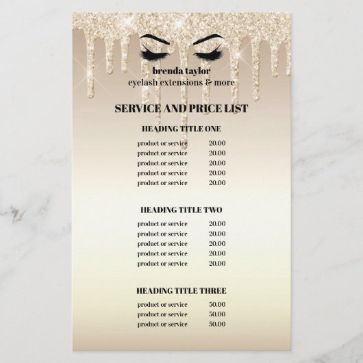 Gouden Glitter Dripps EYELASH SALON SERVICE LIJST Flyer (Voorkant)