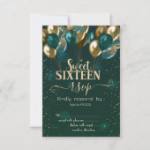 Gouden Glitter Drips Ballonnen Groen Sweet 16 RSVP Kaart (Voorkant)