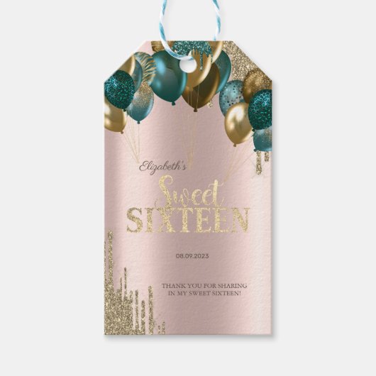Gouden Glitter Drips Ballonnen Roos Goud Sweet 16 Cadeaulabel (Voorkant)