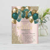 Gouden Glitter Drips Ballonnen Roos Goud Sweet 16 Kaart (Staand voorkant)