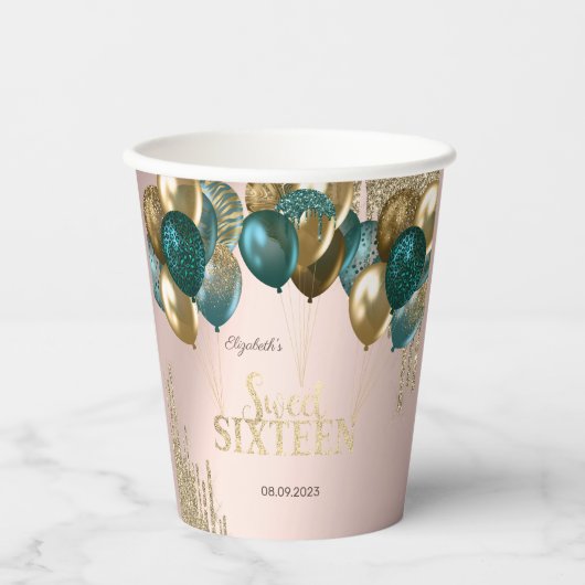 Gouden Glitter Drips Ballonnen Roos Goud Sweet 16 Papieren Bekers (Voorkant)
