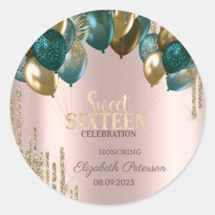 Gouden Glitter Drips Ballonnen Roos Goud Sweet 16 Ronde Sticker