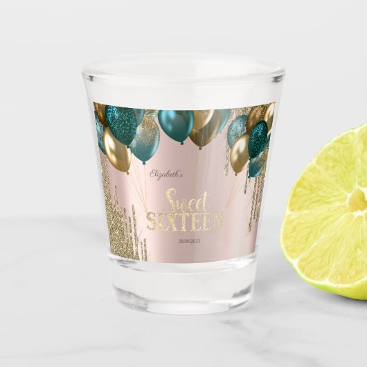 Gouden Glitter Drips Ballonnen Roos Goud Sweet 16 Shot Glas (Voorkant)