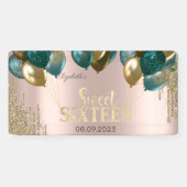 Gouden Glitter Drips Ballonnen Roos Goud Sweet 16 Spandoek (Horizontaal)