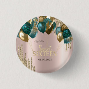 Gouden Glitter Drips Ballonnen Roze Goud Sweet 16 Ronde Button 3,2 Cm
