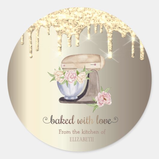 Gouden Glitter Drips Bloemen Cake Mixer Ronde Sticker