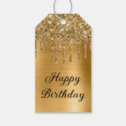 Gouden Glitter Drips Folie Happy Birthday Cadeaulabel (Voorkant)
