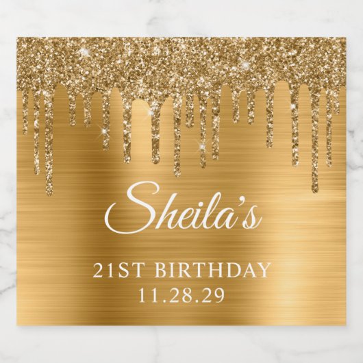Gouden Glitter Drips Glam 21e Verjaardag Sparkling Wijnetiket (Enkel label)