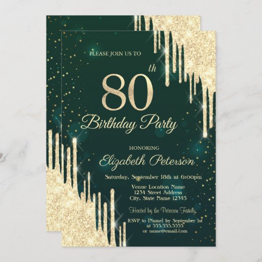 Gouden Glitter Drips Groen 80ste Verjaardag Kaart (Voorkant / Achterkant)