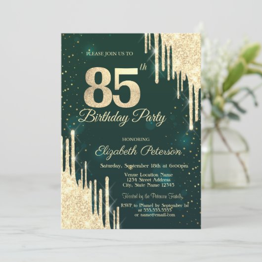 Gouden Glitter Drips Groen 85e verjaardag Kaart (Staand voorkant)