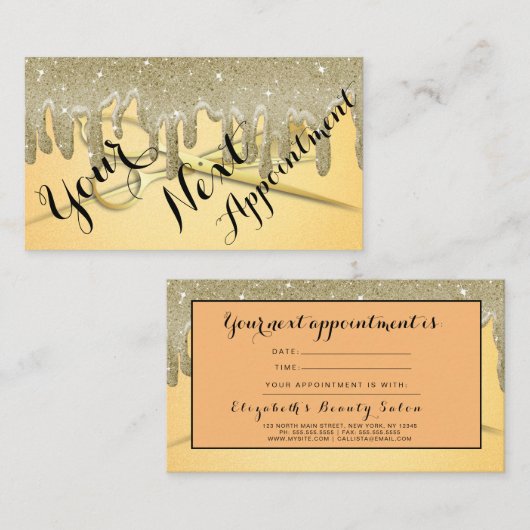 Gouden Glitter Drips Haar Salon Afspraakkaart Visitekaartje (Voorkant / Achterkant)