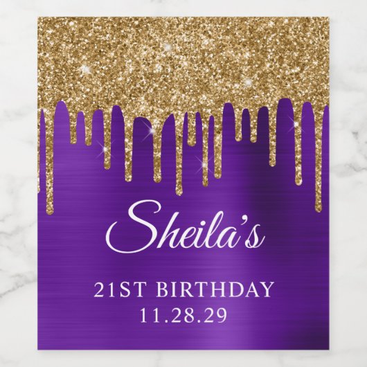 Gouden Glitter Drips Indigo Paarse 21e Verjaardag Wijn Etiket (Enkel label)