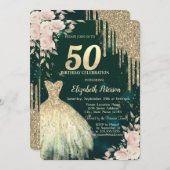 Gouden Glitter Drips, Jurk, Bloemen Groen50ste Ver Kaart (Voorkant / Achterkant)