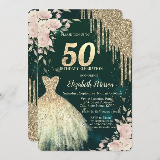 Gouden Glitter Drips, Jurk, Bloemen Groen50ste Ver Kaart (Voorkant / Achterkant)