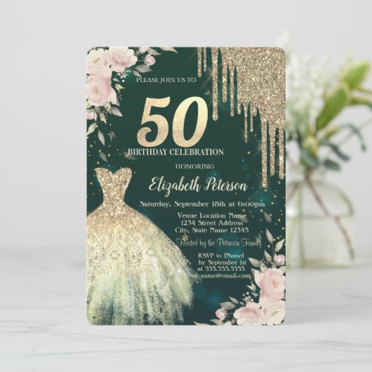 Gouden Glitter Drips, Jurk, Bloemen Groen50ste Ver Kaart (Staand voorkant)