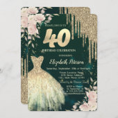 Gouden Glitter Drips, Jurk, Bloemengroen 40e verja Kaart (Voorkant / Achterkant)