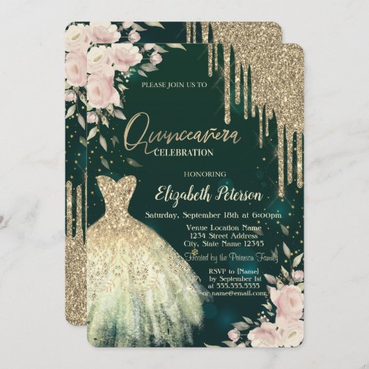 Gouden Glitter Drips, Jurk, Bloemengroene Quincean Kaart (Voorkant / Achterkant)