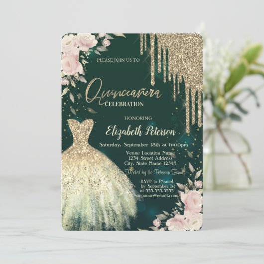 Gouden Glitter Drips, Jurk, Bloemengroene Quincean Kaart (Staand voorkant)