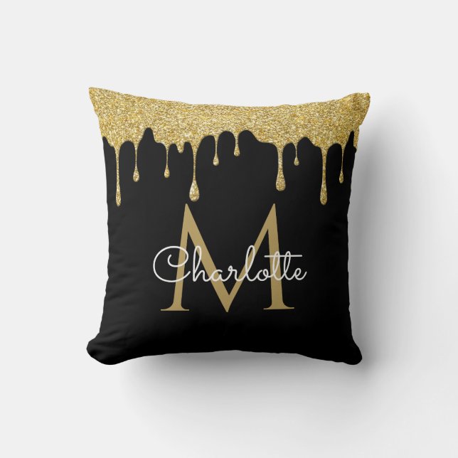 Gouden Glitter Drips Monogram Elegant Script Zwart Kussen (Voorkant)