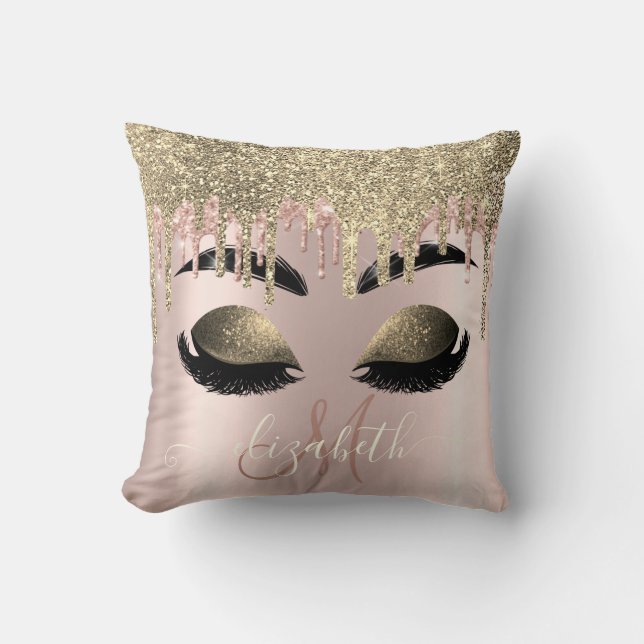 Gouden Glitter Drips Monogram Valse Wimpers Kussen (Voorkant)