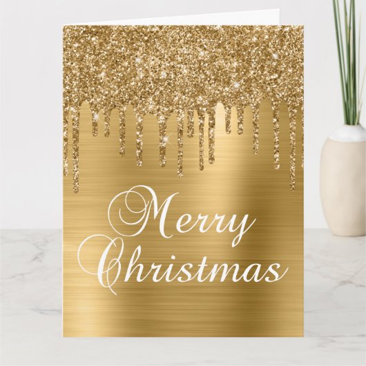 Gouden Glitter Drips op Faux Folie Vrolijk Kerstfe Kaart (Voorkant)