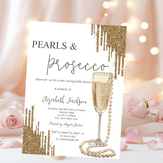 Gouden Glitter Drips Parels Prosecco Bruiloft Fees Kaart