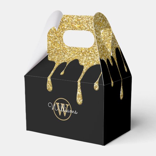 Gouden Glitter Drips Script Naam Monogram Zwart Fa Bedankdoosjes (Achterkant)